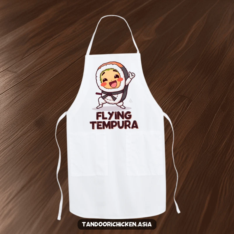 Funny Kawaii Sushi Apron: A sushi roll gleefully performing a martial arts kick while cooking.