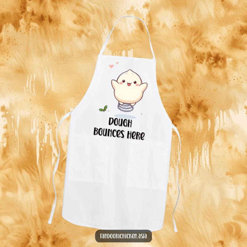 Funny Kawaii Dumpling Apron: A dumpling merrily bouncing on a spring while preparing food.