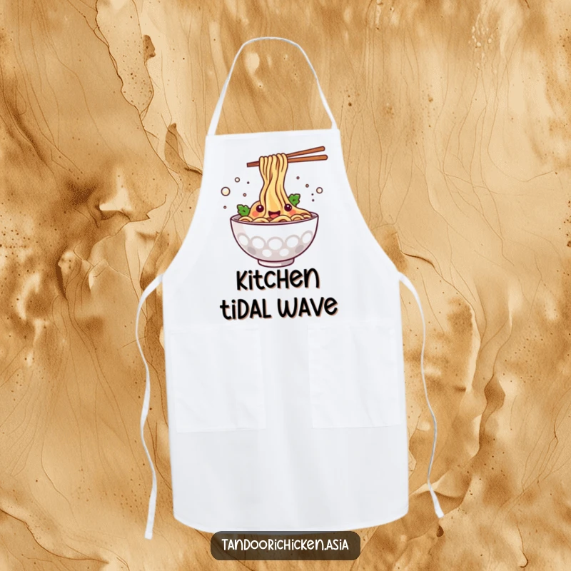 Funny kawaii steaming bowl of noodles happily splashing, a joyful and practical apron for culinary adventures.