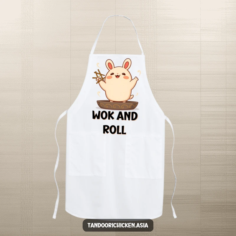 Funny kawaii bao bun dancing with chopsticks, a joyful and practical apron for cooking enthusiasts.