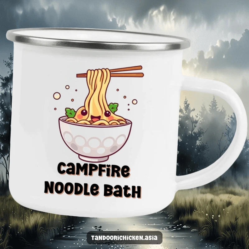 Funny kawaii steaming bowl of noodles happily splashing, a durable and cheerful camping mug for outdoor enthusiasts.