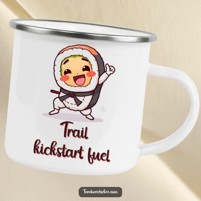 Funny Kawaii Sushi Camping Mug: A sushi roll gleefully doing a martial arts kick in the great outdoors.