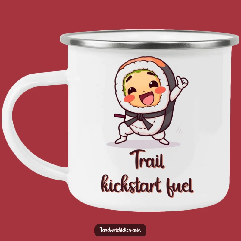 Funny Kawaii Sushi Camping Mug: Martial Arts Kick Style, Adventurous Funny Gift