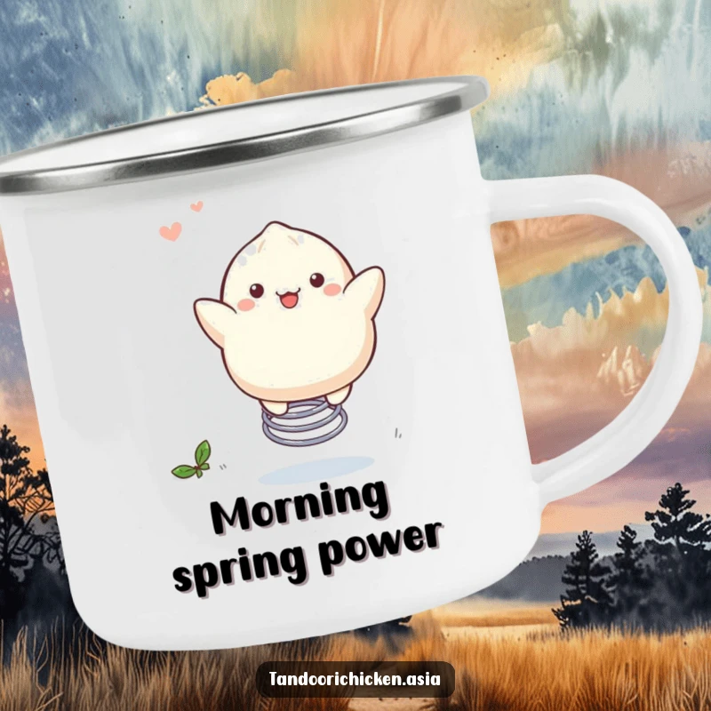 Funny Kawaii Dumpling Camping Mug: A dumpling merrily bouncing on a spring in the great outdoors.