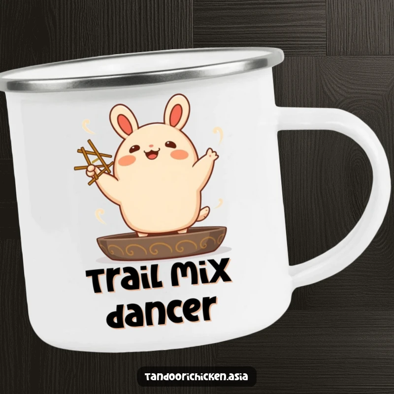 Funny kawaii bao bun joyfully dancing with chopsticks on a sturdy camping mug, perfect for outdoor enthusiasts.