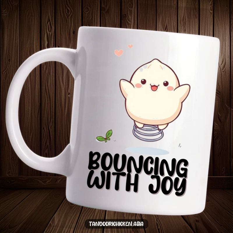 Funny Kawaii Dumpling Mug: A cute dumpling merrily bouncing on a spring, full of joy.