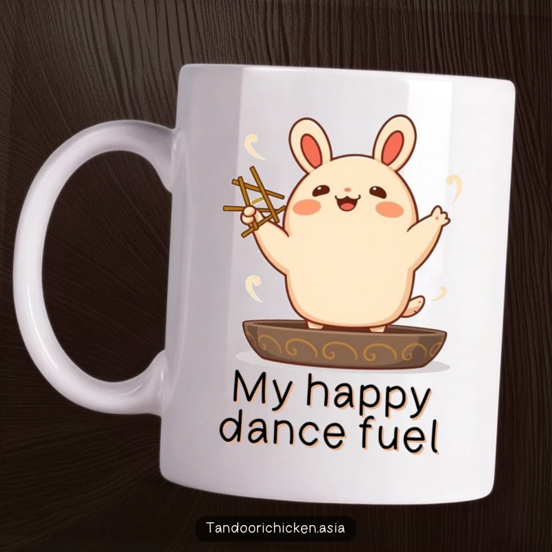 Funny kawaii bao bun character joyfully dancing with chopsticks on a white background, perfect for a fun kitchen mug.