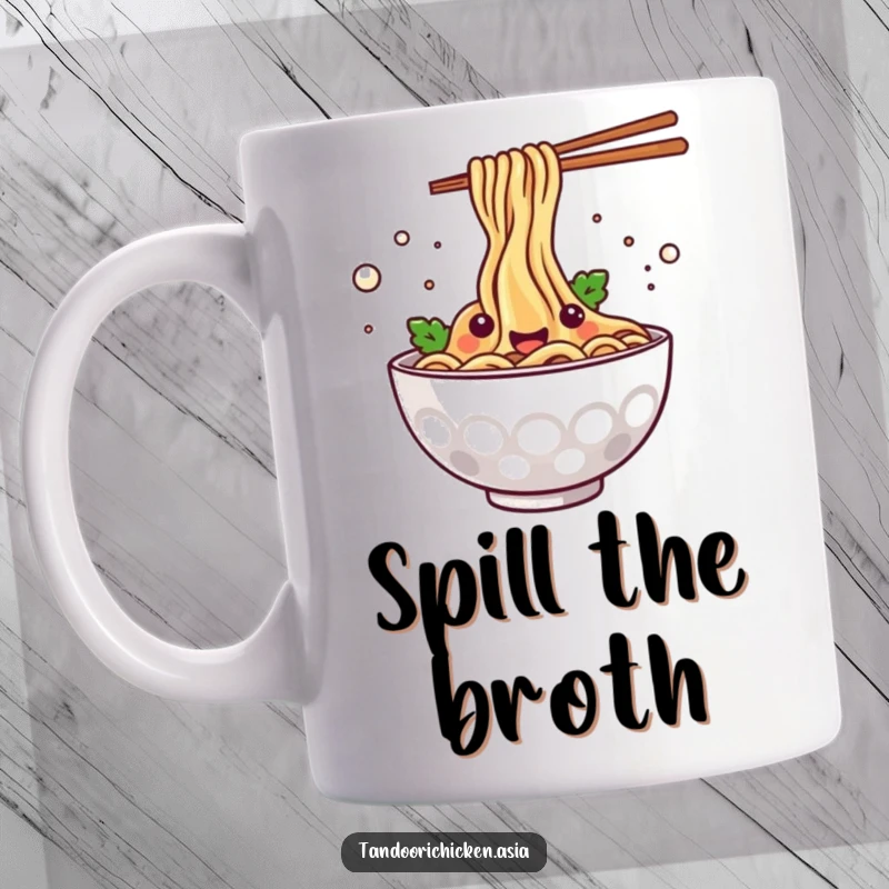 Funny kawaii steaming bowl of noodles happily splashing with joy, depicted on a cheerful mug.
