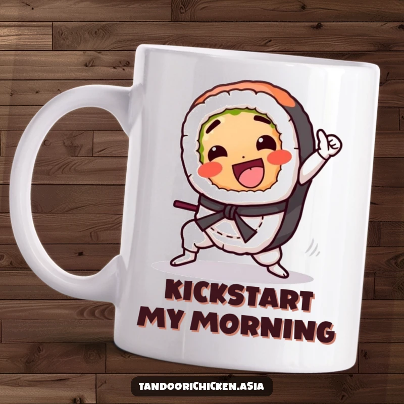 Funny Kawaii Sushi Mug: A cute sushi roll gleefully performing a high martial arts kick, full of energy.