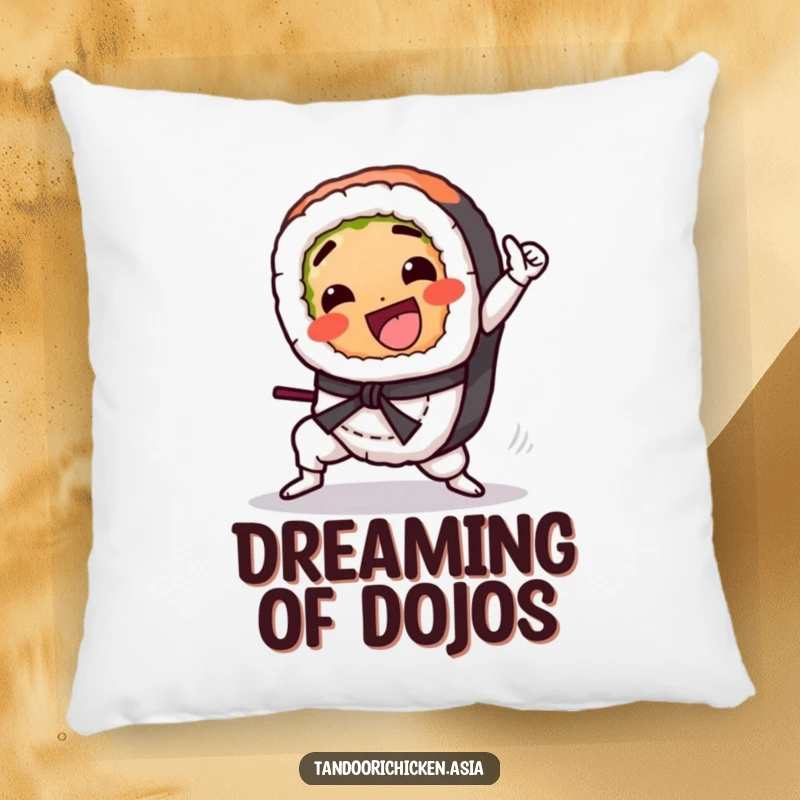 Funny Kawaii Sushi Pillow: A cute sushi roll gleefully performing a martial arts kick, perfect for lounging.