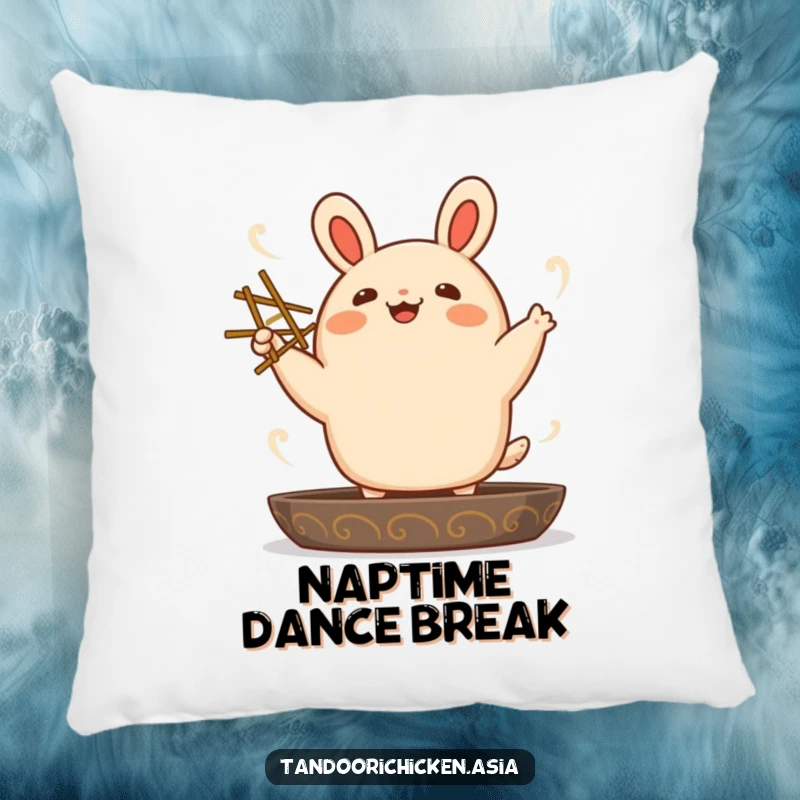Soft and squishy pillow featuring a funny kawaii bao bun joyfully dancing with chopsticks, perfect for cozying up.