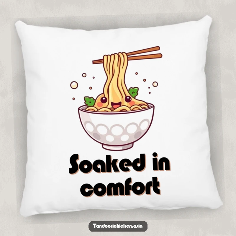 Soft and comfy pillow featuring a funny kawaii steaming bowl of noodles happily splashing, perfect for cozying up.