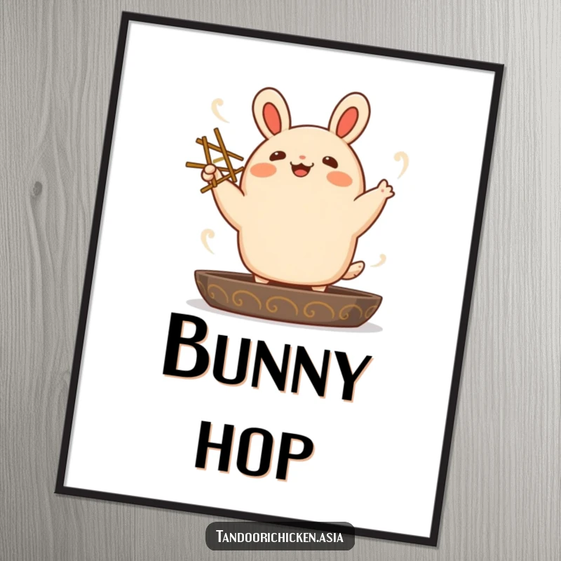 Funny kawaii bao bun character joyfully dancing with chopsticks, high-resolution digital art print for vibrant wall decor.