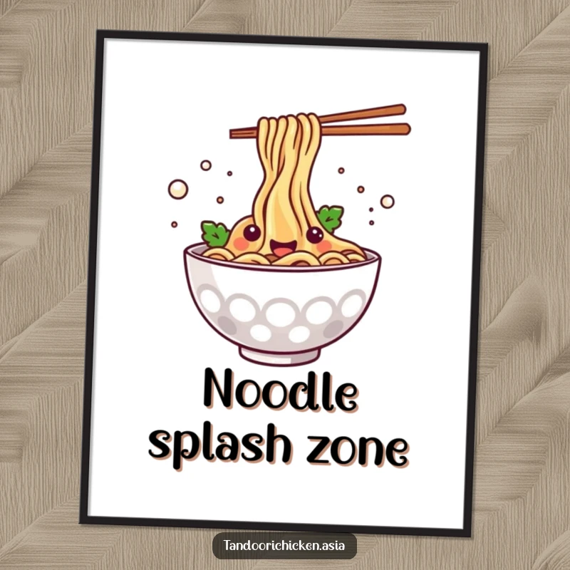 Funny kawaii steaming bowl of noodles happily splashing, high-resolution digital art print for a vibrant and cheerful display.