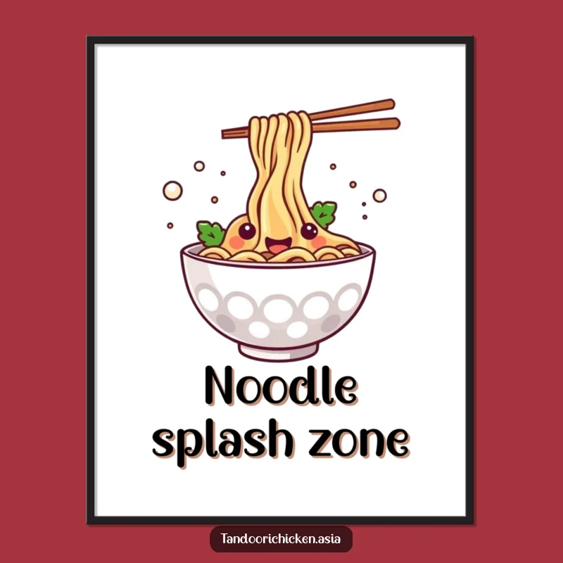 Funny Kawaii Noodle Bowl Digital Art Print - Happy Splashing Foodie Decor Gift