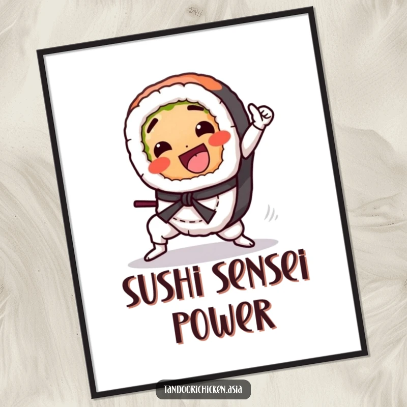 Funny Kawaii Sushi Digital Art: A sushi roll gleefully performing a martial arts kick, full of energy.