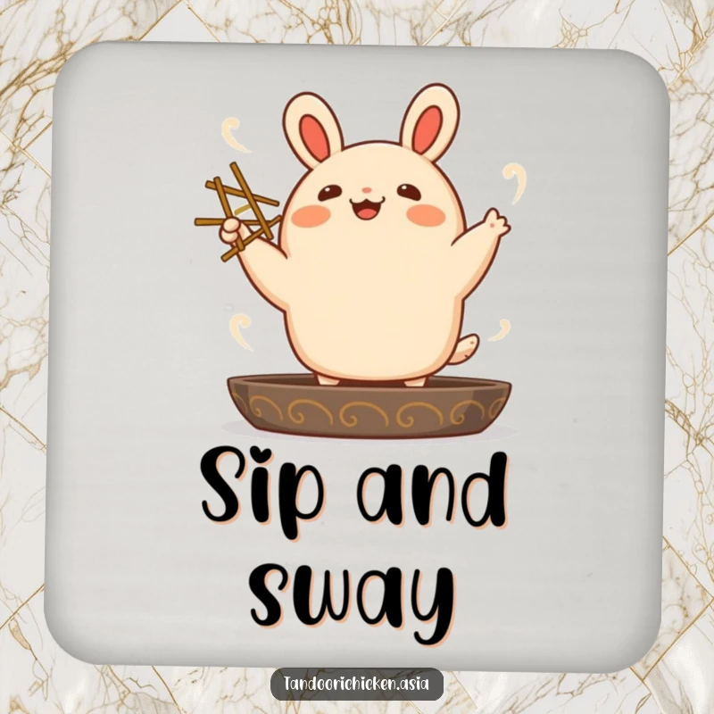 Funny kawaii bao bun character doing a joyful dance with chopsticks, a delightful and functional drink coaster.