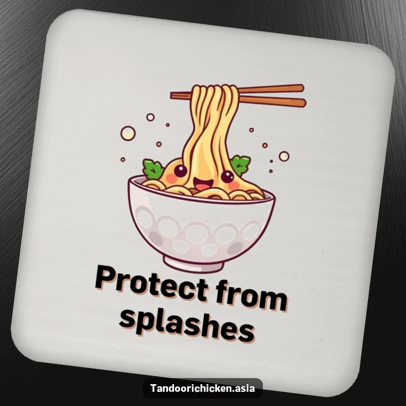 Funny kawaii steaming bowl of noodles happily splashing, a humorous and practical drink coaster.