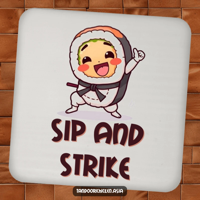 Funny Kawaii Sushi Coaster: A cute sushi roll gleefully performing a martial arts kick, guarding your surface.