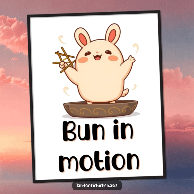 Funny kawaii bao bun character dancing energetically with chopsticks, a delightful piece of wall art for any room.