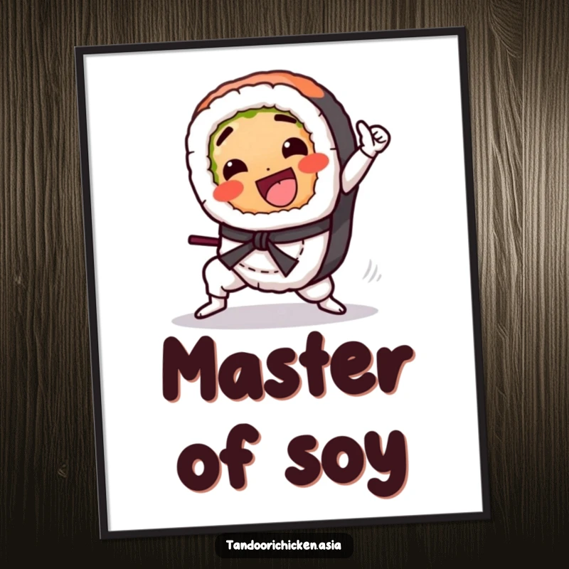 Funny Kawaii Sushi Poster: A sushi roll gleefully performing a martial arts kick, capturing motion.