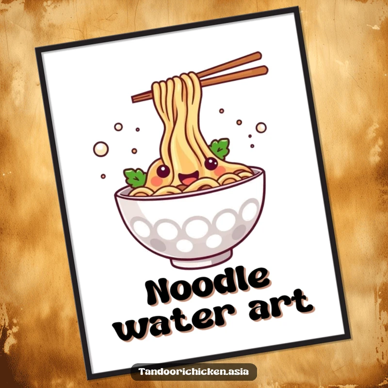 Funny kawaii steaming bowl of noodles happily splashing, vibrant wall art to liven up any room.