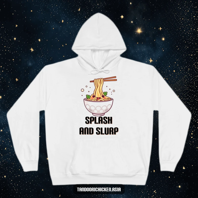 Funny kawaii steaming bowl of noodles happily splashing, a cozy and cheerful hoodie design for ultimate comfort.
