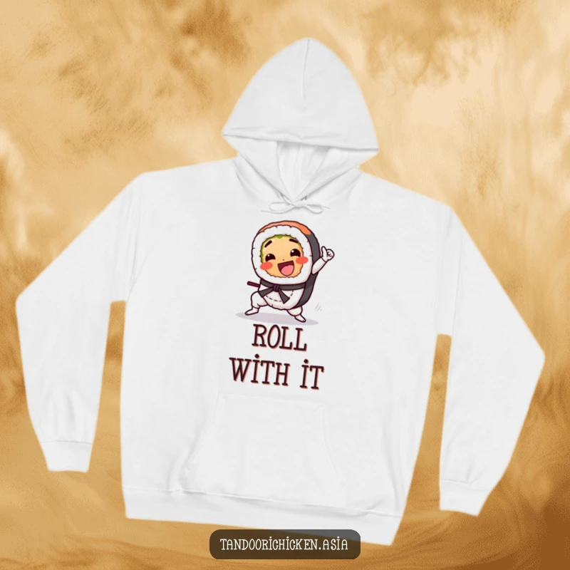 Funny Kawaii Sushi Hoodie: A sushi roll gleefully performing a martial arts kick, ready for adventure.
