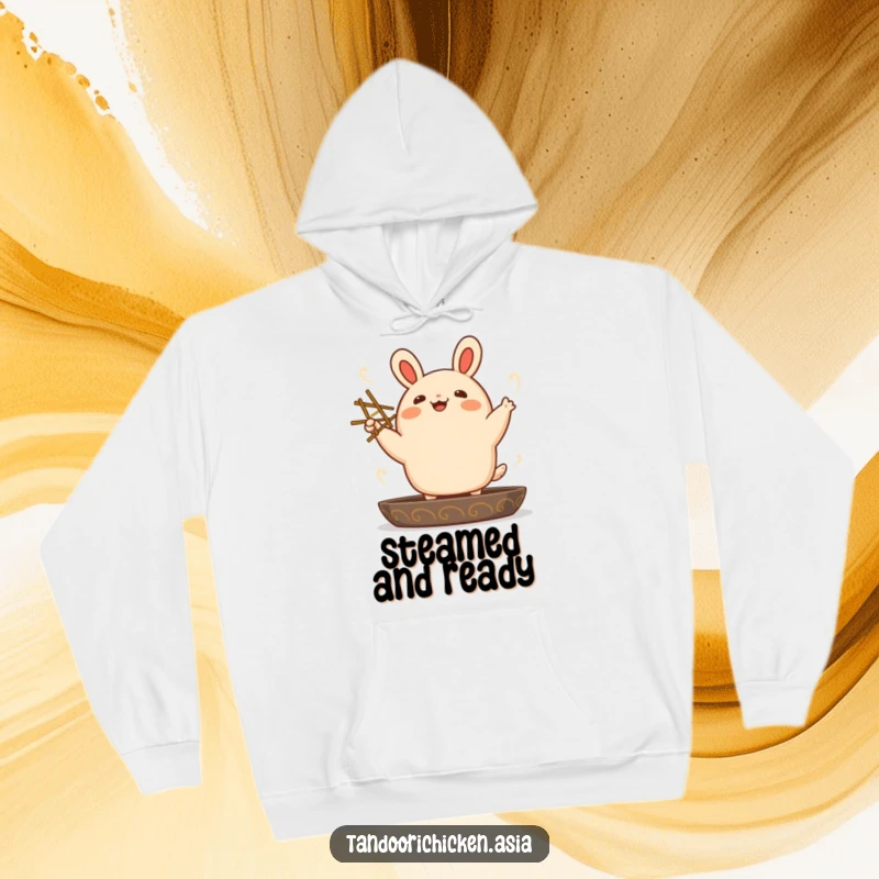 Funny kawaii bao bun character in a lively dance pose with chopsticks, cozy hoodie design for ultimate comfort and laughs.