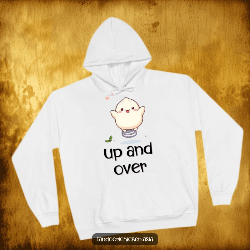 Funny Kawaii Dumpling Hoodie: A dumpling merrily bouncing on a spring, full of energy and fun.