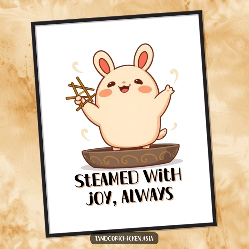 Funny Free Printable Wall Art: Energetic kawaii bao bun dancing with chopsticks, spreading pure joy.