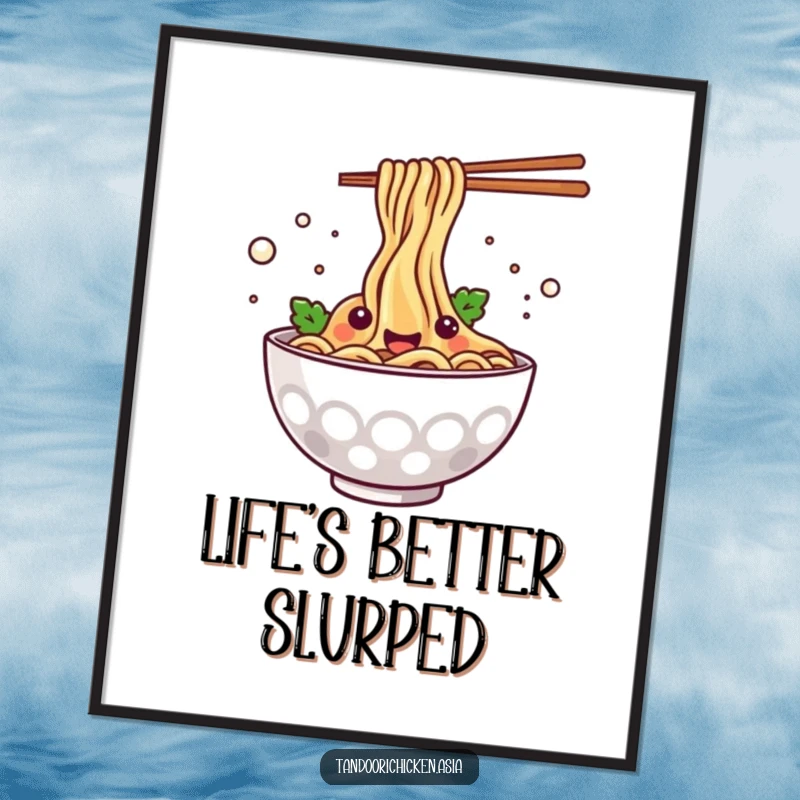 Funny Free Printable Wall Art: Kawaii bowl of noodles happily splashing with abandon, a celebration of flavor.