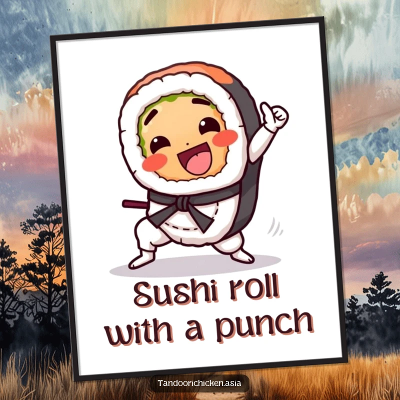 Funny Free Printable Wall Art: Kawaii sushi roll gleefully performing a martial arts kick, adding dynamic energy to any space.