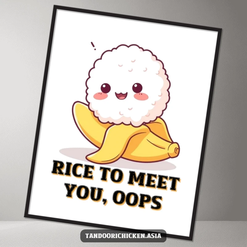 Funny Free Printable Wall Art: Kawaii rice ball comically slipping dramatically on a banana peel, a slapstick moment.