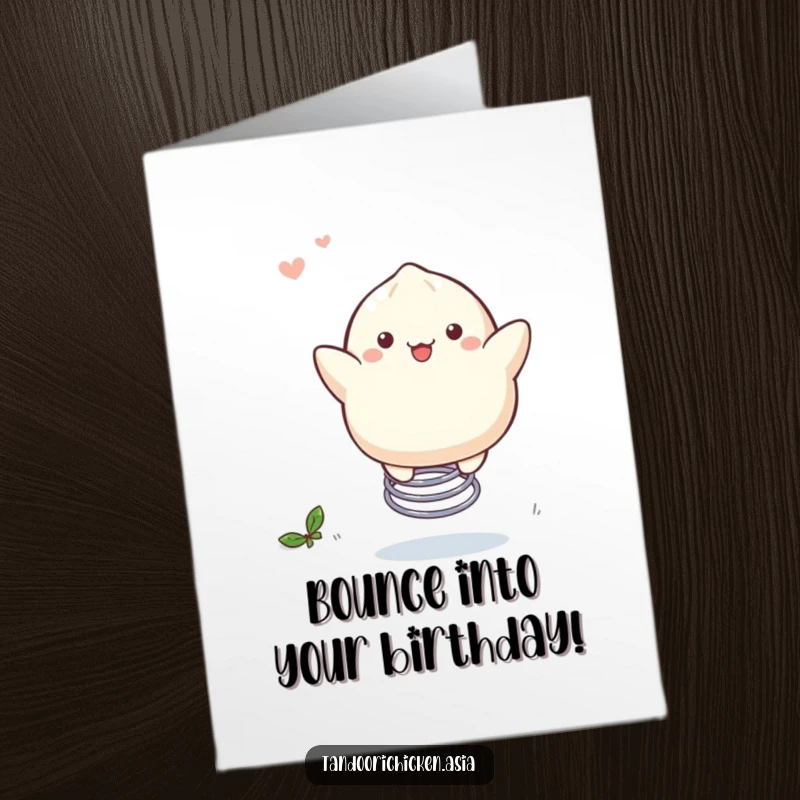 Free Printable Birthday Card: Kawaii dumpling bouncing merrily on a spring with a huge smile, spreading birthday cheer.