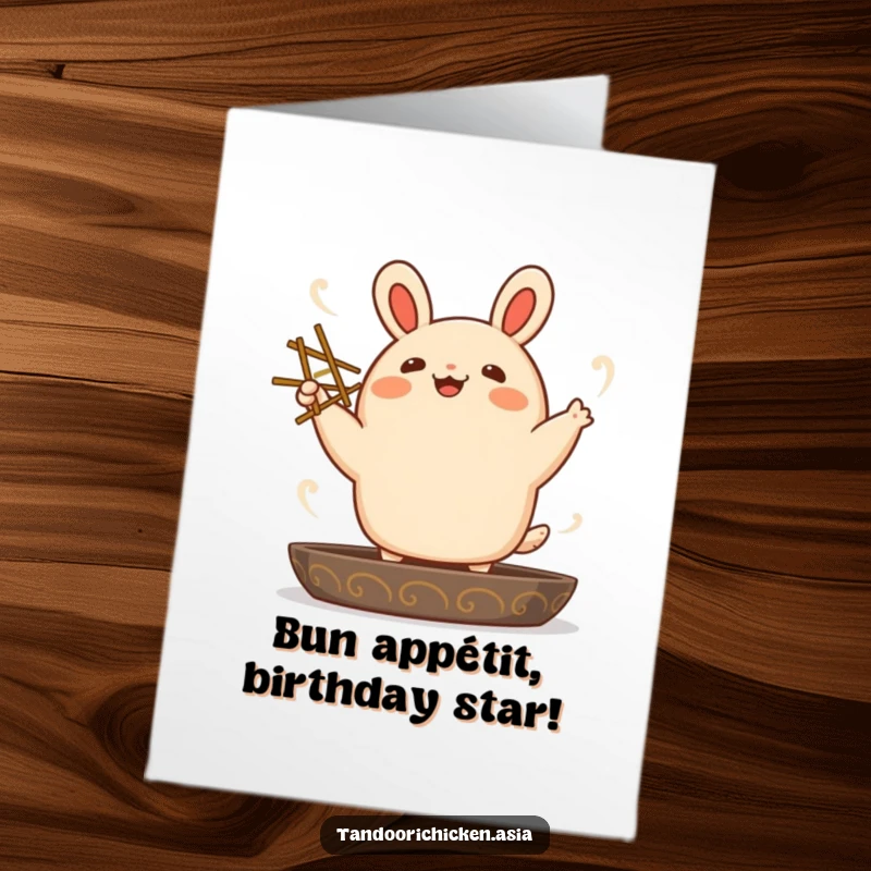 Funny Free Printable Birthday Card: Kawaii bao bun dancing enthusiastically with chopsticks, spreading birthday cheer.