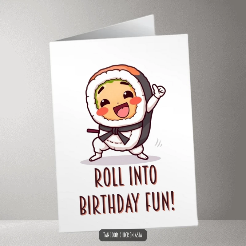Funny Free Printable Birthday Card: Kawaii sushi roll gleefully performing a high martial arts kick with determined eyes and a smile.