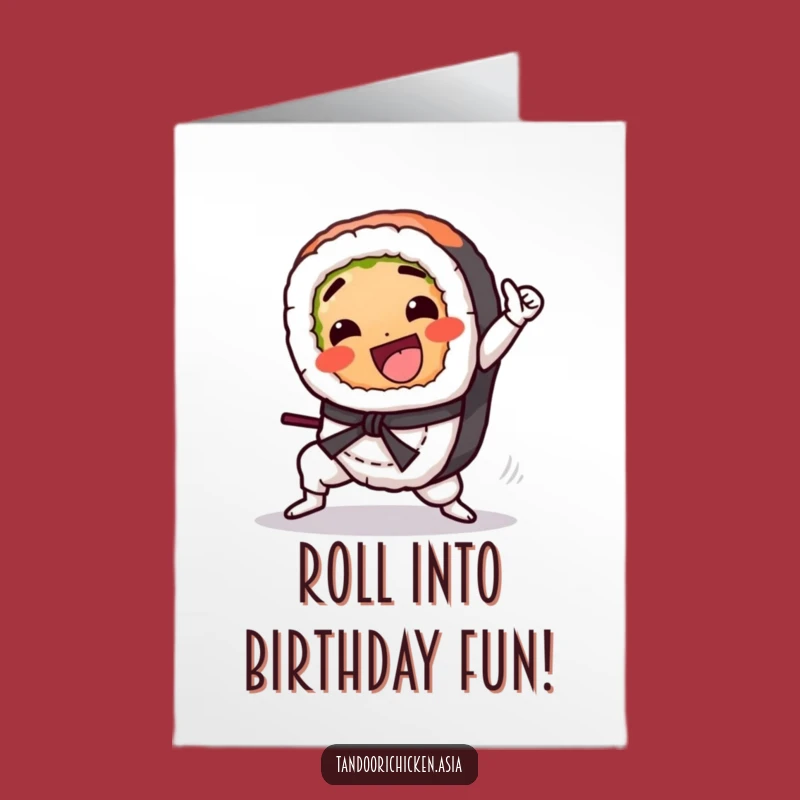 Funny Free Printable Birthday Card: Kawaii Sushi Kick, Downloadable Action Gift