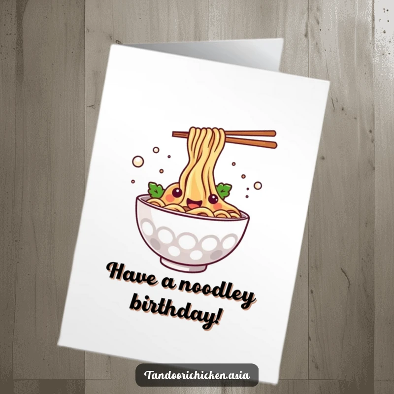 Funny Free Printable Birthday Card: Kawaii steaming noodle bowl happily splashing, creating a joyful mess.