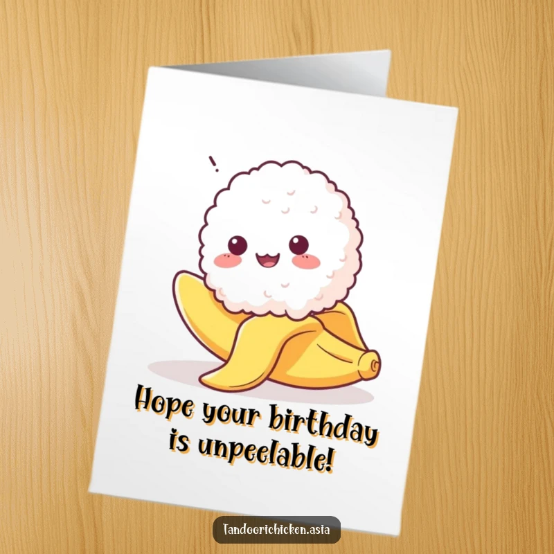 Funny Free Printable Birthday Card: Kawaii rice ball comically slipping on a banana peel, mid-fall surprise.