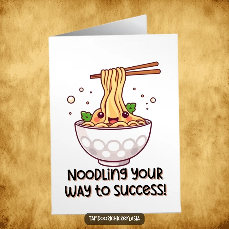 Funny Free Printable Congratulations Card: Kawaii steaming noodle bowl happily splashing, a celebration of goodness.