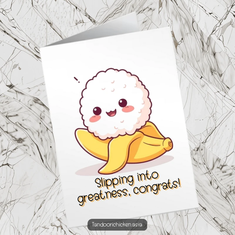 Funny Free Printable Congratulations Card: Kawaii rice ball comically slipping on a banana peel, a wobbly mishap.
