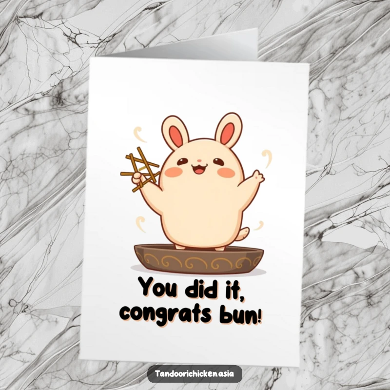 Funny Free Printable Congratulations Card: Kawaii bao bun doing a happy dance with chopsticks, celebrating success.