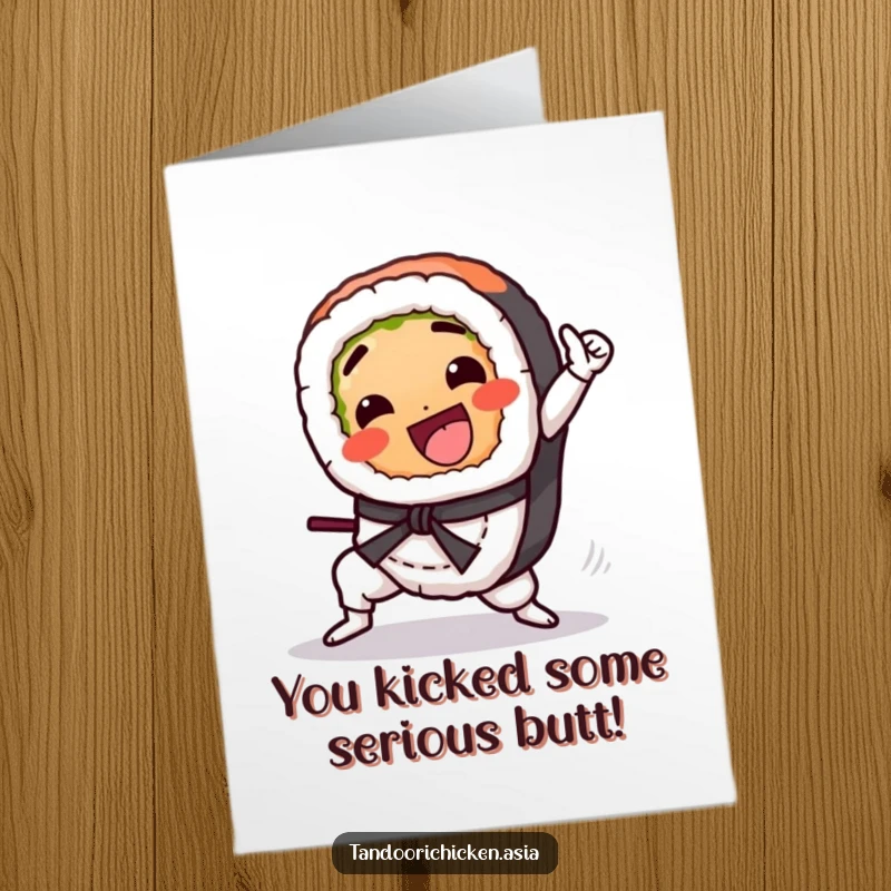 Funny Free Printable Congratulations Card: Kawaii sushi roll gleefully performing a martial arts kick, celebrating success with energy.
