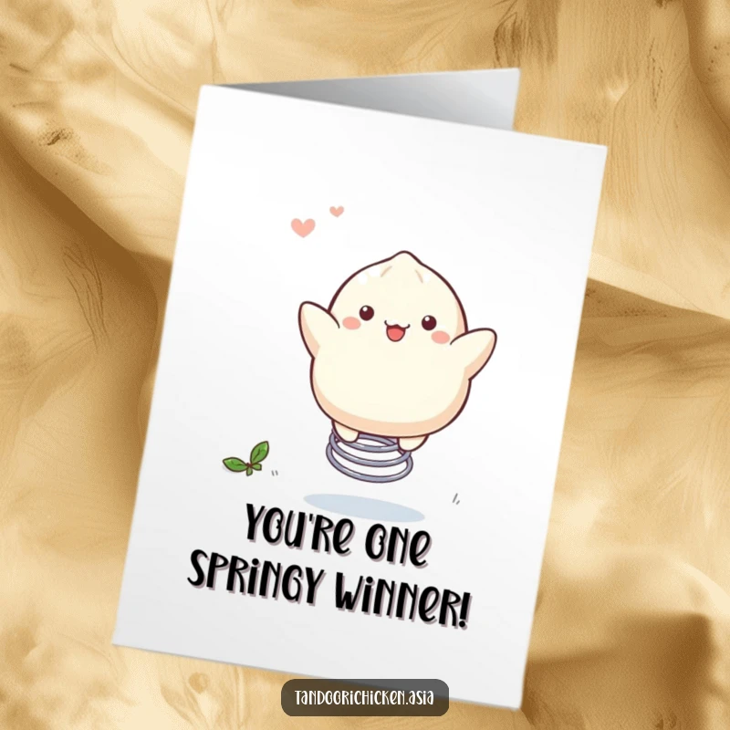 Free Printable Congratulations Card: Kawaii dumpling bouncing merrily on a spring, celebrating success with happy energy.