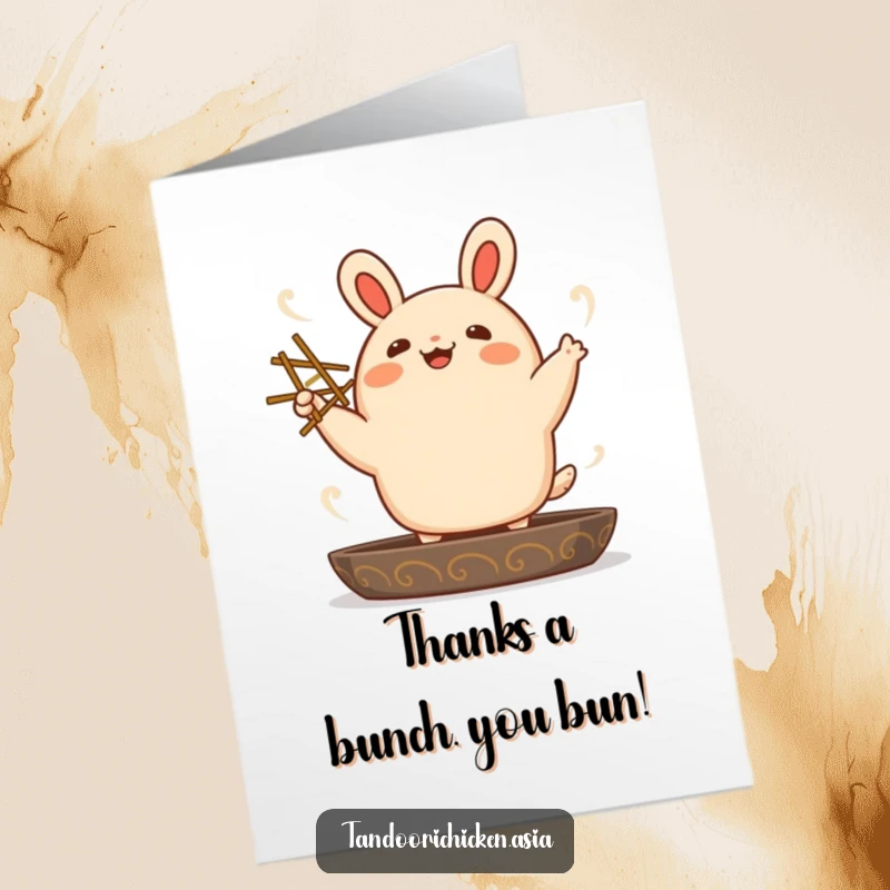 Funny Free Printable Thank You Card: Kawaii bao bun mid-dance with chopsticks, expressing gratitude joyfully.