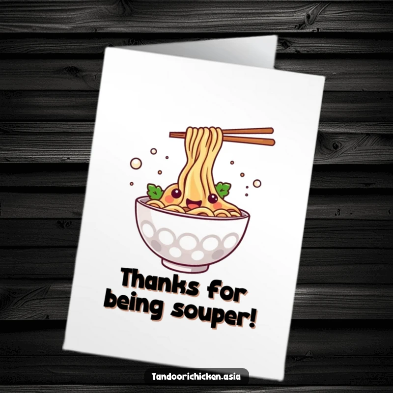 Funny Free Printable Thank You Card: Kawaii steaming noodle bowl happily splashing, showing thanks with delight.