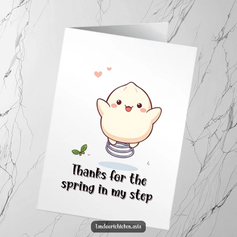 Free Printable Thank You Card: Kawaii dumpling bouncing merrily on a spring, sending joyful and appreciative thanks.