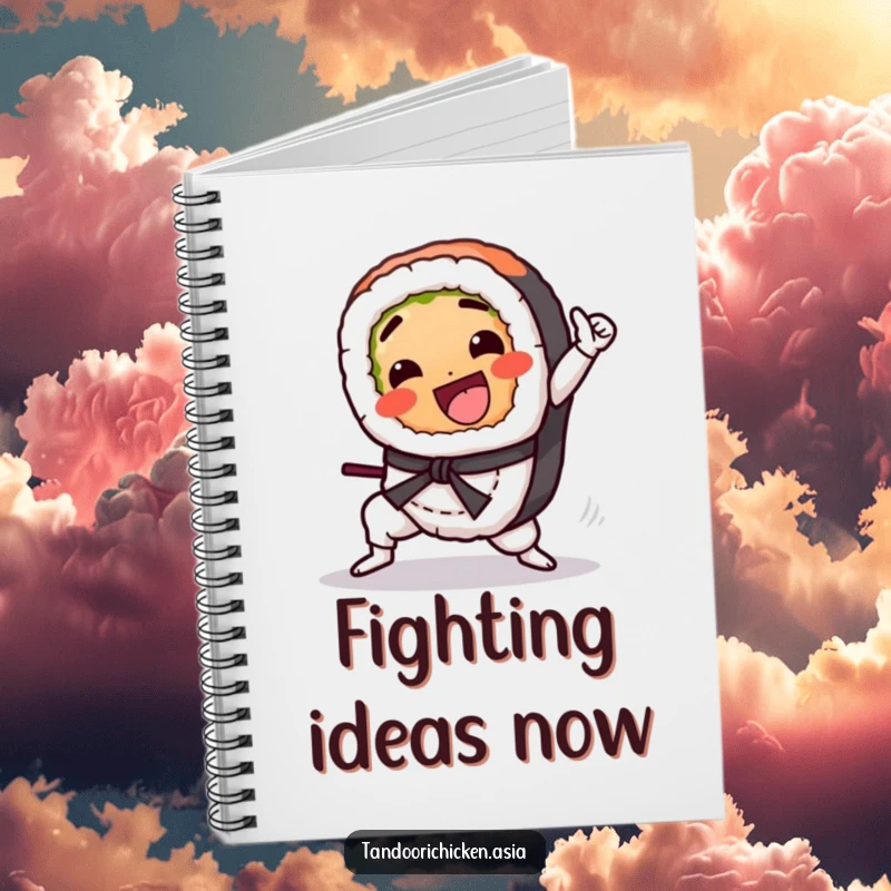 Funny Kawaii Sushi Notebook: A cute sushi roll gleefully performing a martial arts kick, ready for notes.