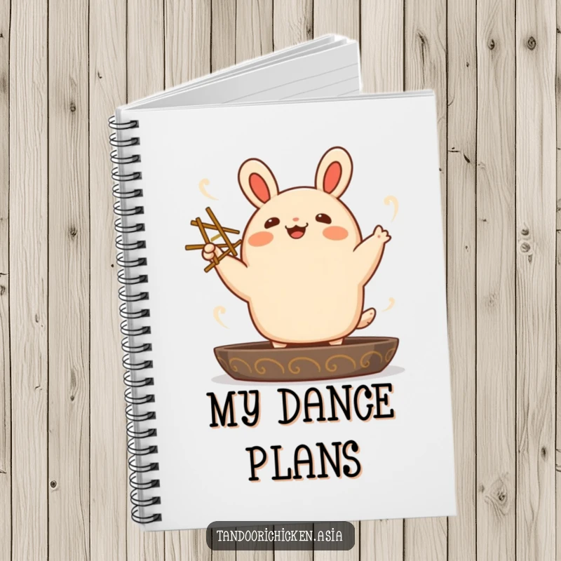 Funny kawaii bao bun character joyfully dancing with chopsticks, ideal for a fun and inspiring notebook.